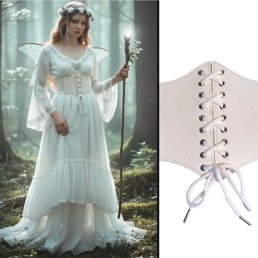 White Vegan Leather Under Breast Corset Stretch Lace‎ Up Belt One Size